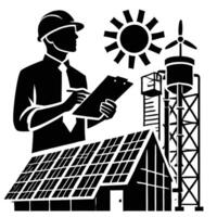 A man in a hard hat and helmet holding a clipboard and a solar panel vector