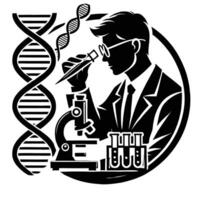 A man in a suit holding a microscope and a dna vector