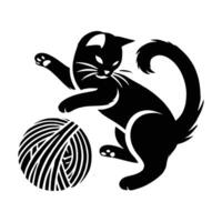 A black and white cat playing with a ball of yarn vector