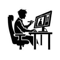 A silhouette of a man sitting at a computer vector