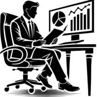Businessman sitting at desk with computer and graphs vector