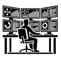 Man at desk with multiple monitors and graphs vector