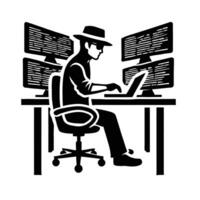 A man in a hat is sitting at a desk with a laptop vector