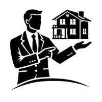 A man in a suit holding a house and pointing to it vector