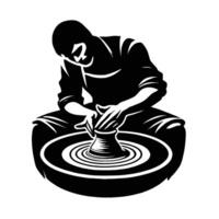 A black and white illustration of a potter on a wheel vector