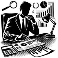 Businessman in suit and tie at desk with graphs and charts vector