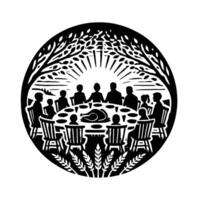A black and white image of a dinner table with people sitting around it vector