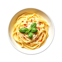 Spaghetti with basil and parmesan cheese in a white bowl on a transparent background png