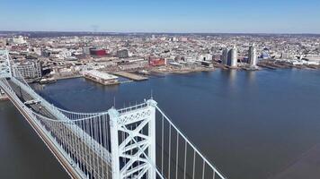 Above Benjamin Franklin Bridge in Philadelphia Pennsylvania United States. Highrise Building Tower. video