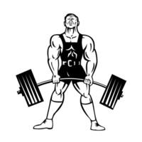Powerlifter Performing Deadlift with Barbell Front View Retro vector
