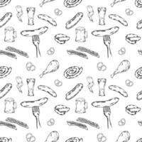 Barbecue bbq seamless pattern for textile or wrapping paper with sausages, bacon, pork, chicken, pretzel, beer snacks and other unhealthy meal for pub bar restaurant menu, meat snacks, fork, food vector