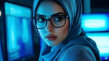 A Middle Eastern woman in a hijab and glasses works on a computer technology, innovation video
