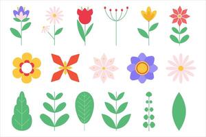 Set of geometric flowers, leaves and branches. vector