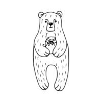 Bear standing on two legs with a jar of honey in his hands on an isolated white background in a hand drawn style. vector