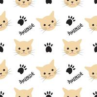 Seamless pattern with cat face, paw print and meow lettering. For fabric design, cover, veterinary. vector