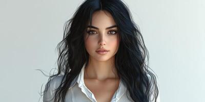 Young woman with long dark hair posing confidently in a simple studio setting with soft lighting photo