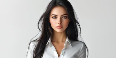 Portrait of a young woman with long dark hair wearing a white blouse against a simple background photo