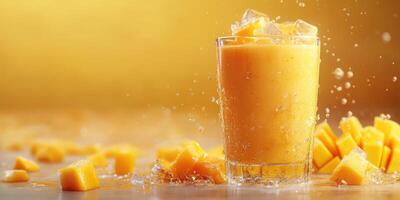 Fresh mango juice poured with ice cubes and splashes against a bright yellow background photo
