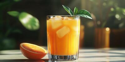 Fresh orange juice served in a clear glass with ice and garnish in a well-lit cafe setting photo