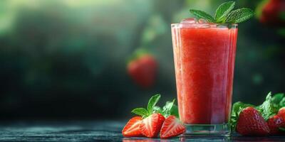 Refreshing strawberry mint drink served in a tall glass on a dark background with fresh strawberries and mint leaves present photo