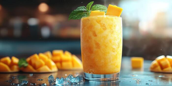 Refreshing mango smoothie served in a glass with ice cubes and fresh mint leaves photo