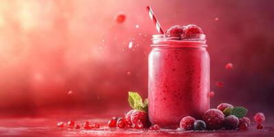 Refreshing raspberry smoothie in a jar with vibrant colors and fresh ingredients displayed on a textured surface photo