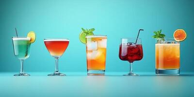 Colorful cocktail display featuring refreshing drinks in stylish glassware against a vibrant blue background photo