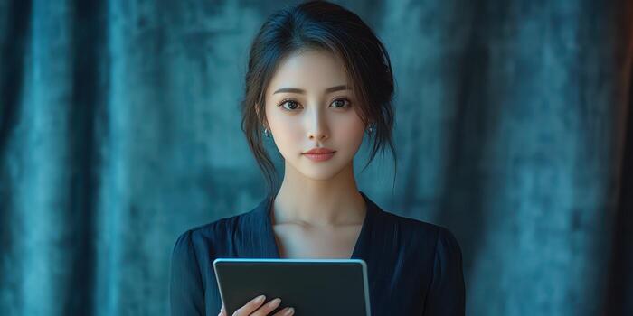 Woman holding tablet in a stylish indoor setting with soft lighting and contemporary design elements photo