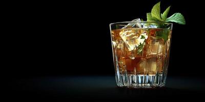 Refreshing cocktail with ice and mint leaves served in a glass on a dark background photo