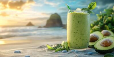 Avocado smoothie on the beach with sunset photo