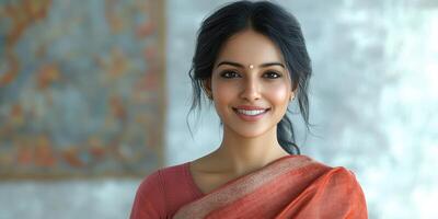 A woman in an orange sari smiling photo