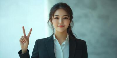 Business professional smiling while making a peace sign in a modern office setting during daylight hours photo