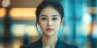 Young woman in a formal outfit stands confidently in a modern office environment during daytime photo