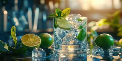 A glass of ice water with lime and mint leaves photo