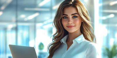 A woman in a white shirt holding a laptop photo