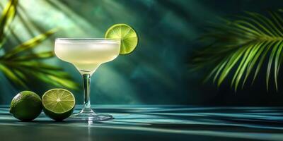 A margarita with lime and a green leaf on a table photo