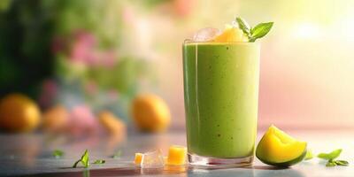 A green smoothie with mango and mint leaves photo