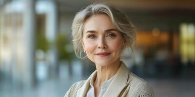 A woman with gray hair and a smile photo