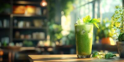 A green drink with mint leaves on a wooden table photo
