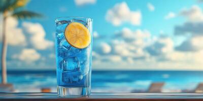 Blue cocktail with lemon slice on the beach photo