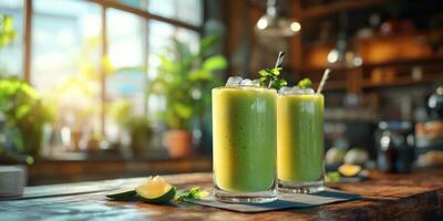Two glasses of green smoothie on a wooden table photo