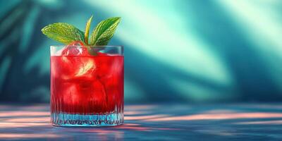 A red drink with mint leaves on top photo