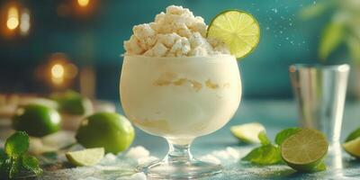 A dessert with ice cream and lime slices photo