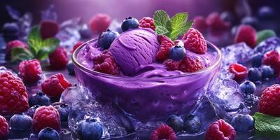 Refreshing berry dessert with vibrant purple hues and fresh ingredients on a bed of ice photo