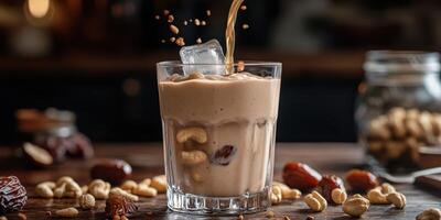 A glass of milk with nuts and dates photo