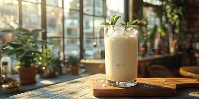 A glass of milk with mint leaves on top photo