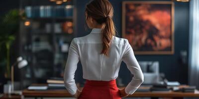 A woman in a white shirt and red skirt standing in front of a desk photo