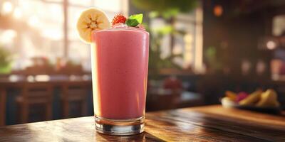 A pink smoothie with a banana and mint photo