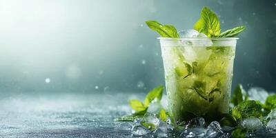 Mojito in glass with ice and mint leaves photo