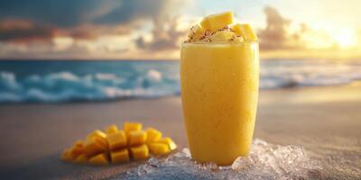 A glass of mango juice on the beach photo